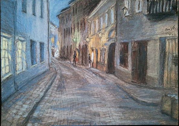 Vilnius, Stikliu street, Or The Evening came (ink,pastel, 295x210)-Marina Tregubova