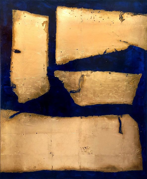 Feuille d'Or Et Bleu Klein Tableau Abstrait Moderne Et Minimaliste-ELIE - Thierry Brusquet