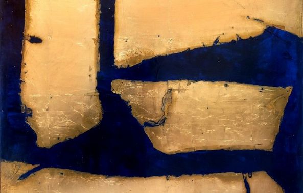 Feuille d'Or Et Bleu Klein Tableau Abstrait Moderne Et Minimaliste-ELIE - Thierry Brusquet